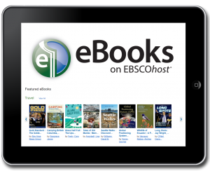 eBooks on EBSCOhost displayed on an iPad screen showing featured titles in a horizontal browsing layout.