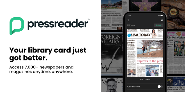PressReader promotional graphic with logo and text reading Your library card just got better Access 7000 plus newspapers and magazines anytime anywhere alongside a smartphone displaying the USA Today front page and a collage of newspaper and magazine covers in the background
