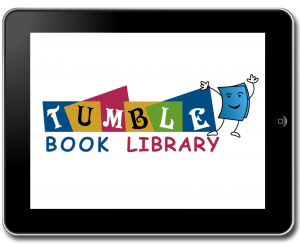 Colorful Tumble Book Library logo with playful multicolored letters spelling Tumble Book Library and a smiling blue book character waving.