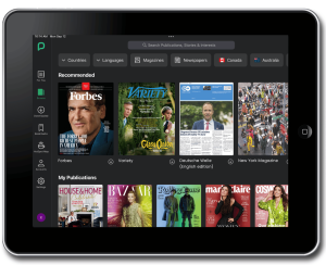 tablet displaying digital magazines available through library e-resources app