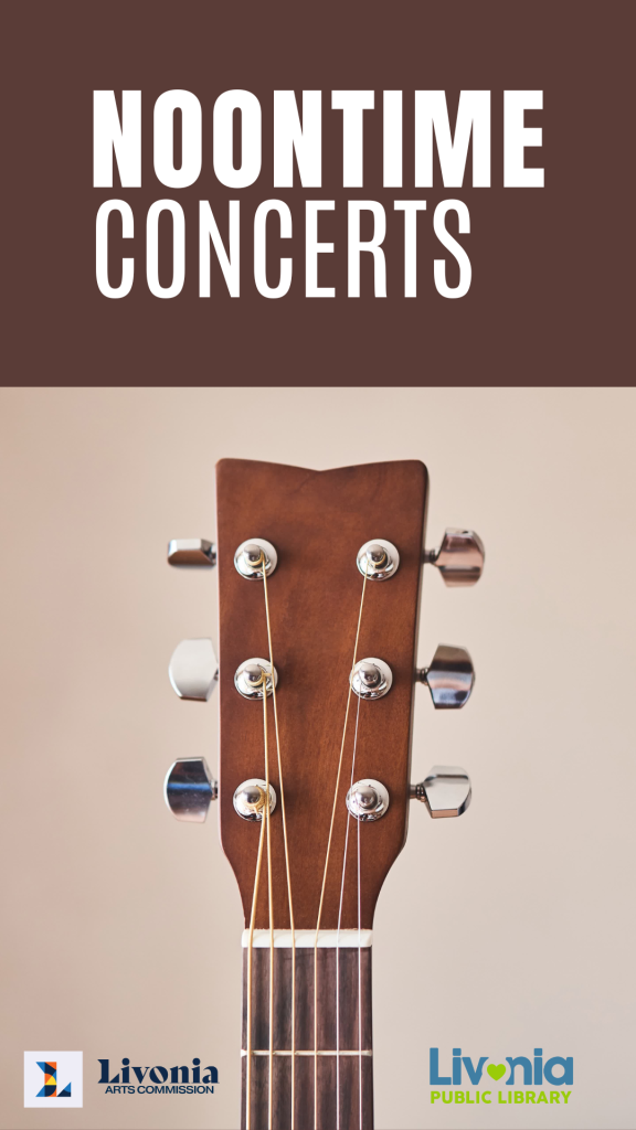 acoustic guitar headstock close-up promoting noontime concerts at livonia public library