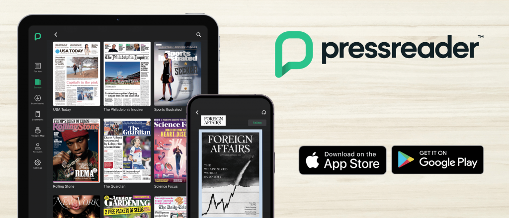 Tablet and smartphone displaying images of pressreader content, newspapers and magazines