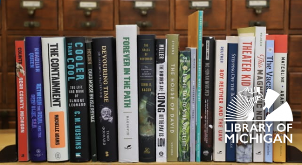 A bookshelf of the 2026 book selections for the Michigan Notable Books program, overlaid with the Library of Michigan logo.