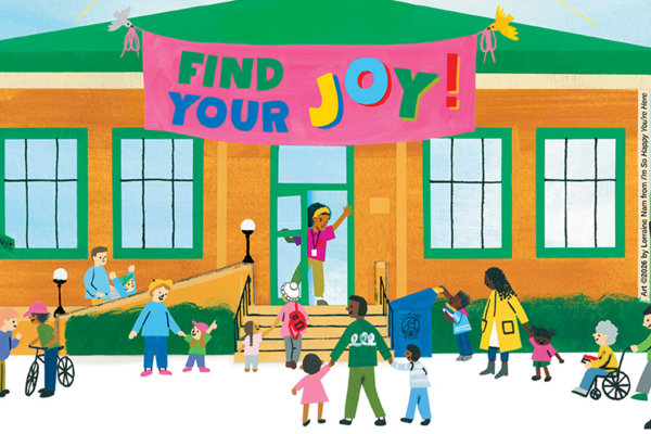 Art by Lorraine Nam from 'I'm So Happy You're Here' by Mychal Threets, depicting a librarian waving from the library front steps as patrons of all ages and races come to visit.