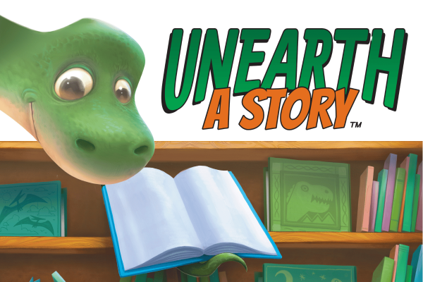 Image of Green Dinosaur looking over a bookcase with the text: Unearth a Story