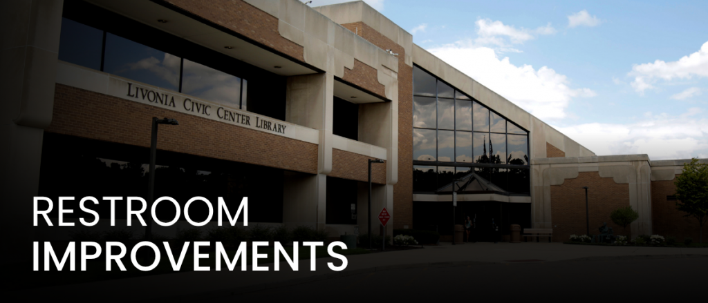 Image of the Bennett Civic Center Library with the text 'Restroom Improvements'